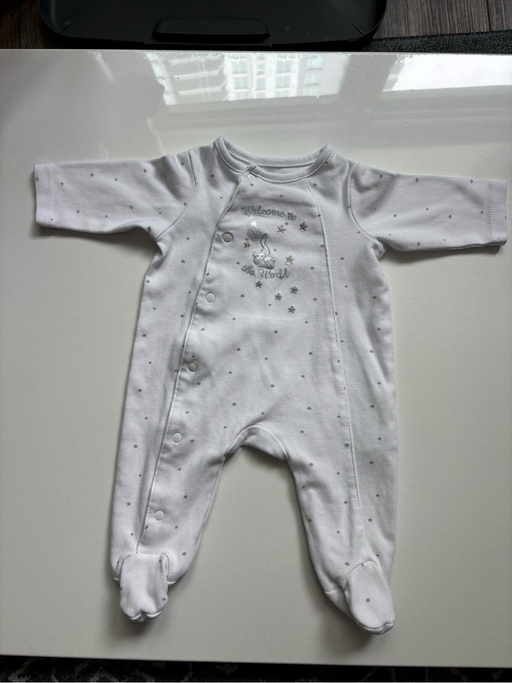 Cotton Baby One-Piece Footed Sleeper in White with Silver Stars 3m